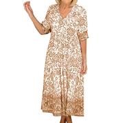 OBASDFD Robe Noire Femme - Vestido de manga corta para mujer, estilo bohemio, floral, casual, cuello en V, acampanado, maxi, caqui, L