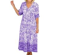 OBASDFD Robe Noire Femme - Vestido de manga corta para mujer, estilo bohemio, floral, casual, cuello en V, acampanado, maxi, Morado (, L