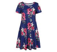 OBASDFD Robe Noire Femme - Vestido de verano de manga corta para mujer, cuello redondo, estampado, bolsillo, moda, Azul Oscuro, 4XL