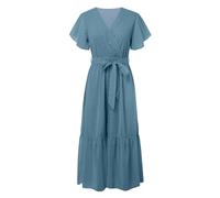 OBASDFD Robe Noire Femme - Vestido de verano para mujer, estilo bohemio, floral, casual, cuello en V, con volantes, sin mangas, cinturón, acampanado, dobladillo plisado, midi, vestido de sol, Bu1., M