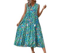 OBASDFD Robe Noire Femme - Vestido de verano para mujer, talla grande, con cuello en V, detalle de lazo y flecos, para uso casual de fiesta en vacaciones, con dobladillo con volantes, azul marino, S