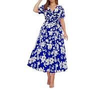 OBASDFD Robe Noire Femme - Vestido largo para mujer, talla grande, floral, casual, vacaciones, cuello redondo, primavera y verano, azul, L