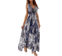 OBASDFD Robe Noire Femme - Vestido largo sin mangas para mujer, sexy, estampado de playa, cuello en V, cintura anudada, azul, XXL