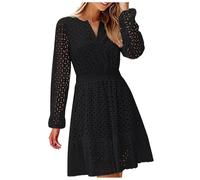OBASDFD Robe Noire Femme - Vestido plisado de manga larga con cuello en V y agujeros huecos para mujer, Negro, M