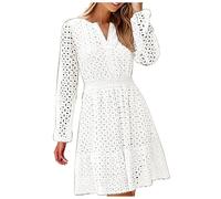 OBASDFD Robe Noire Femme - Vestido plisado de manga larga con cuello en V y agujeros huecos para mujer, blanco, S