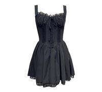 OBASDFD Robe Noire - Vestido para mujer con falda lisa con lazo, Negro, M