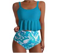 OBASDFD Swimming Costume for Women Tankini Sets Tummy Control with Ruffled Tops and Print Shorts Swimwear Two Piece Swimsuits for (White, XL)(Blue,XL)