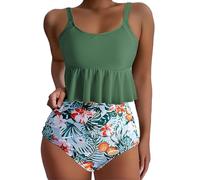 OBASDFD Swimming Costume for Women Tankini Sets Tummy Control with Ruffled Tops and Print Shorts Swimwear Two Piece Swimsuits for (Black, XXL)(Green,XL)