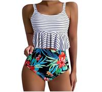 OBASDFD Swimming Costume for Women Tankini Sets Tummy Control with Ruffled Tops and Print Shorts Swimwear Two Piece Swimsuits for (White, XL)(White,XXL)