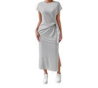 OBASDFD Vestido ajustado a rayas con abertura lateral, cuello redondo casual y corte entallado, ideal para el día a día y salidas, Negro, L