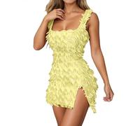 OBASDFD Vestido ajustado con hombros descubiertos con abertura alta en el muslo y ribete sintético, elegante, casual, para fiestas, ajuste cómodo y fluido, amarillo, S