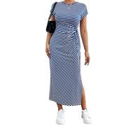 OBASDFD Vestido Ajustado Rayas con Abertura Lateral, Cuello Redondo Informal Y Corte Entallado: Ideal for El Día Las Salidas