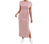 OBASDFD Vestido Ajustado Rayas con Abertura Lateral, Cuello Redondo Informal Y Corte Entallado: Ideal for El Día Las Salidas
