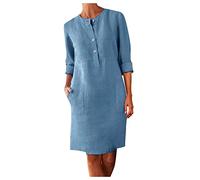 OBASDFD Vestido Casual De Lino con Cuello Redondo for Mujer, hasta La Rodilla Botones, Suelto, Bohemio for(Lightblue,M)