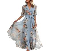 OBASDFD Vestido casual de manga corta con cuello y estampado floral para mujer, para vacaciones, primavera, verano, otoño, cómodo, elegante, fluido, azul, M