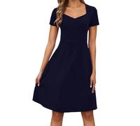 OBASDFD Vestido casual de manga corta para mujer, cintura alta, acampanado, elegante, para fiesta, primavera, verano, cómodo para todos los días, azul marino, S