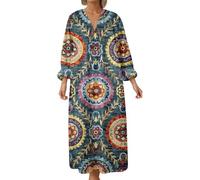 OBASDFD Vestido casual de manga larga con estampado floral para mujer, para uso diario y cómodo, holgado, para primavera, verano y otoño, color oscuro, verde oscuro, S