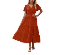 OBASDFD Vestido casual de verano para mujer, cuello bohemio, con cinturón, color liso, manga corta, tela jacquard, naranja, S