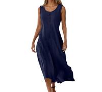 OBASDFD Vestido casual de verano para mujer, cuello en V, sin mangas, con botones, para la playa, uso diario, cómodo y fluido, azul marino, M