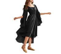 OBASDFD Vestido casual para mujer, cuello redondo fluido, vacaciones con volantes, elegante uso diario, atuendo cómodo, ligero, Negro, M