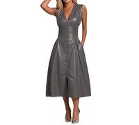 OBASDFD Vestido casual para mujer, sin mangas, largo de cuero con cremallera, para día festivo, elegante, color sólido, cómodo y moderno, gris, L