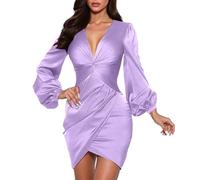 OBASDFD Vestido de graduación plisado formal ajustado con cremallera para mujer, elegante, cóctel, fiesta, boda, falda midi, morado claro, XL