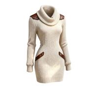 OBASDFD Vestido de punto casual de manga larga con cuello alto ajustado y cuello alto con ribete para otoño e invierno, beige, M