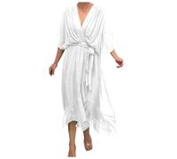 OBASDFD Vestido de verano bohemio casual para mujer, cuello en V, manga corta, cinturón, dobladillo plisado, midi, elegante y elegante, blanco, 5XL