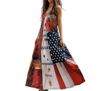 OBASDFD Vestido de verano casual con cuello sin mangas y estampado floral para mujer, día de la independencia, rosso, S