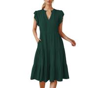 OBASDFD Vestido de verano para mujer, manga con volantes, cuello midi 2026, a la moda, casual, fluido, bohemio, playa, vacaciones, verde oscuro, XXL