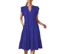 OBASDFD Vestido de verano para mujer, manga con volantes, cuello midi 2026, a la moda, casual, fluido, bohemio, playa, vacaciones, azul, L