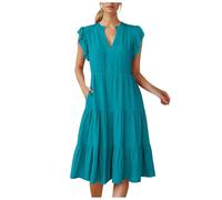 OBASDFD Vestido de verano para mujer, manga con volantes, cuello midi 2026, a la moda, casual, fluido, bohemio, playa, vacaciones, Azul Oscuro, XL