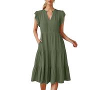 OBASDFD Vestido de verano para mujer, manga con volantes, cuello midi 2026, a la moda, casual, fluido, bohemio, playa, vacaciones, verde, M