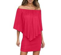 OBASDFD Vestido Informal Elegante for Mujer, Minivestido Fruncido con Hombros Descubiertos, Perfecto for Uso Diario(Red,S)