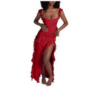 OBASDFD Vestido largo ajustado con tirantes delgados y abertura alta para mujer, cuello cuadrado, espalda descubierta, fiesta, club, cóctel, rosso, S