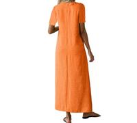 OBASDFD Vestido largo casual de lino con cuello para mujer, cómodo, verano, primavera, otoño, bohemio, holgado, elegante, versátil, naranja, XXL