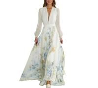 OBASDFD Vestido largo casual de manga larga con estampado floral y cuello para fiesta, para uso diario, primavera, verano, con bolsillo, blanco, L