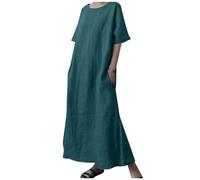 OBASDFD Vestido largo de algodón y lino para mujer, talla grande, manga corta, cordón en la cintura, abertura en el cinturón, azul, S