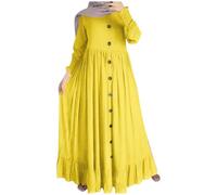 OBASDFD Vestido largo de lino y algodón musulmán de temporada, estilo retro, informal, de gran tamaño con cuello redondo, dobladillo con volantes para tallas grandes, amarillo, L