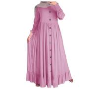 OBASDFD Vestido largo de lino y algodón musulmán de temporada, estilo retro, informal, de gran tamaño con cuello redondo, dobladillo con volantes para tallas grandes, rosso, M