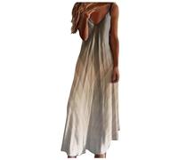 OBASDFD Vestido largo sexy de verano con cuello en V para mujer, estampado a la moda, para vacaciones o playa, caqui, S
