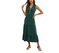 OBASDFD Vestido largo sin mangas plisado con cuello en V y botones, perfecto para cualquier ocasión, verde oscuro, S
