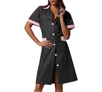 OBASDFD Vestido midi casual de manga corta con cuello en V para mujer, con cierre de botón frontal y bolsillos laterales, atuendo versátil para todas las estaciones, gris, S