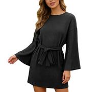 OBASDFD Vestido midi de punto acanalado para mujer, talla grande, con detalle de cinturón y mangas largas, túnica para otoño, invierno y estaciones, Negro, S