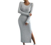 OBASDFD Vestido Suéter Largo Ajustado con Abertura Larga for Mujer Cuello Redondo Y Profundo(Gray,XL)