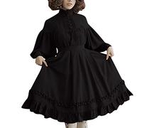 OBASDFD Vestido tipo farol para mujer, cuello largo, manga linda, encaje, para mujer, Negro, L
