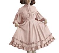 OBASDFD Vestido tipo farol para mujer, cuello largo, manga linda, encaje, para mujer, rosa, XL