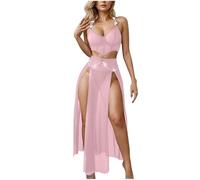 OBASDFD Women Lingerie Babydoll Chemise 3 Piece Set Corset Bra and Mesh Sheer Side Split Maxi Skirt Boudoir Outfits with Thongs Pink(Pink,XXL)