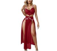 OBASDFD Women Lingerie Babydoll Chemise 3 Piece Set Corset Bra and Mesh Sheer Side Split Maxi Skirt Boudoir Outfits with Thongs Dark Blue(Wine,Large)