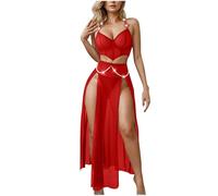 OBASDFD Women Lingerie Babydoll Chemise 3 Piece Set Corset Bra and Mesh Sheer Side Split Maxi Skirt Boudoir Outfits with Thongs Pink(Red,X-Large)